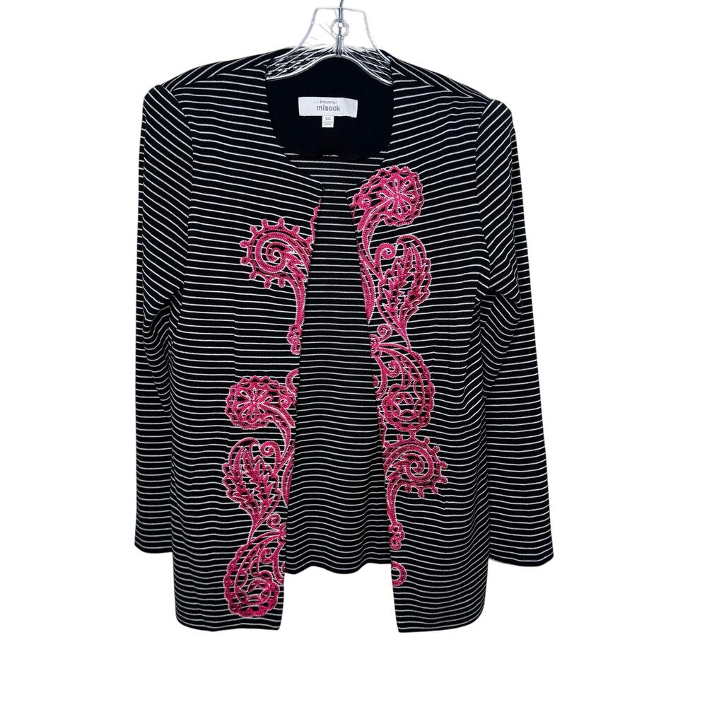 Misook XS Black‎ White Striped Knit Cardigan Jacket Pink Embroidery Open Front